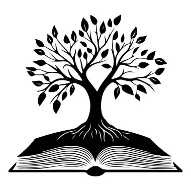 Artistic portrayal of a tree emerging from an open book symbolizing knowledge, growth, and nature in a creative black and white design