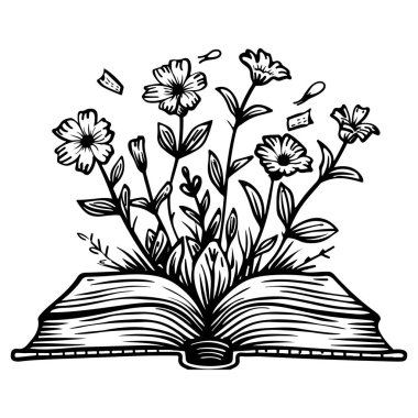 Open Book with Flowers Emerging from Pages, Symbolizing Knowledge, Growth, and Creativity in a Black and White Design