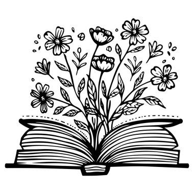 Open Book with Flowers and Leaves Growing Out, Symbolizing Knowledge and Nature's Beauty in a Minimalist Line Art Style