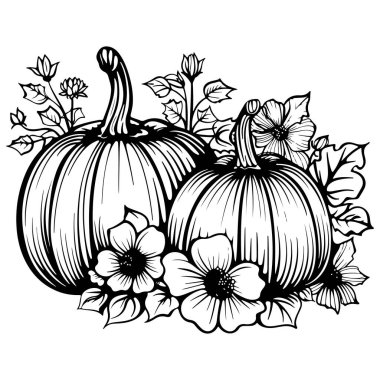 Black and White Illustration of Decorative Pumpkins Surrounded by Flowers and Leaves for Harvest and Autumn Themes