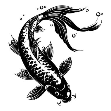 Elegant black and white koi fish swimming gracefully in water with bubbles, showcasing intricate scales and flowing fins in a serene aquatic environment