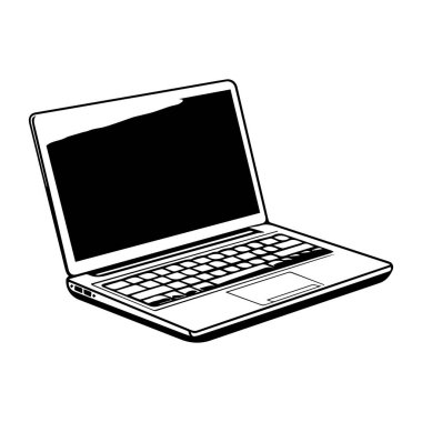 Black and white illustration of an open laptop with blank screen, showcasing a minimalist design and modern technology aesthetics.