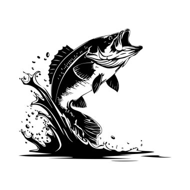 Black and White Illustration of a Leaping Fish with Splashes and Water Effects