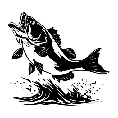 Dynamic Black and White Illustration of a Fish Jumping Out of Water with Splashes and Energy in a Bold Stylized Design