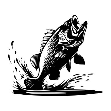 Black and White Illustration of a Jumping Fish with Splashing Water for Graphic Design and Artwork Projects
