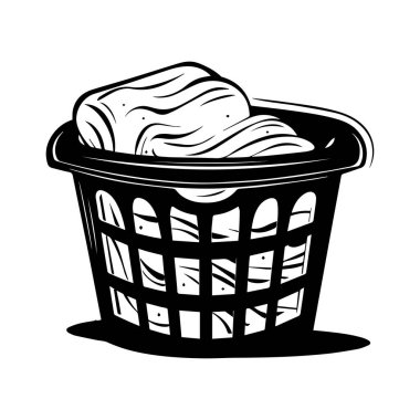 Black and White Illustration of a Laundry Basket Filled with Clean Clothes and Towels for Domestic and Household Themes
