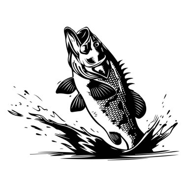 Black and White Illustration of a Fish Jumping Out of Water with Splash Effect and Detailed Fin and Scale Design