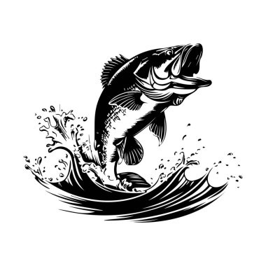 Black and White Illustration of a Jumping Fish with Dynamic Waves and Splashing Water for Nature and Fishing Themes