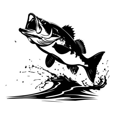 Dynamic Black and White Illustration of a Jumping Fish with Splashing Water for Nature and Sport Themes