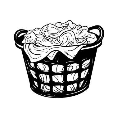 Black and White Illustration of a Laundry Basket Filled with Clothes, Ideal for Home Management and Domestic Themes in Design Projects