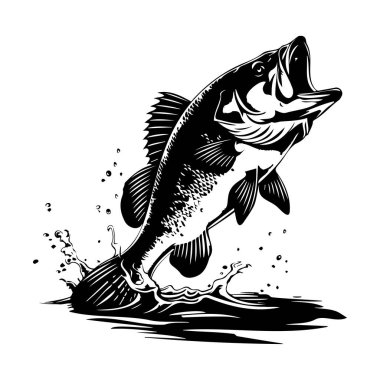 Black and White Illustration of a Leaping Bass Fish with Splashes of Water Captured in Dynamic Motion Design