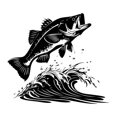 Black and white illustration of a leaping fish above splashing waves, capturing dynamic action and natural beauty in a stylized design