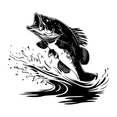 Dynamic Black and White Illustration of a Bass Fish Jumping Out of Water with Energetic Splash Effect