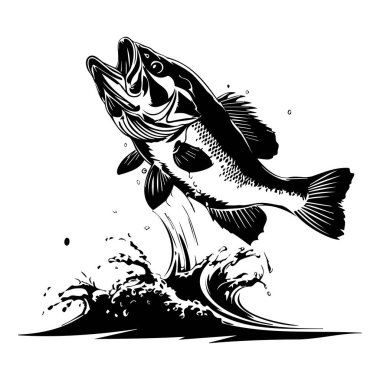 Dynamic Black and White Illustration of a Leaping Fish Splashing Water in a Bold Graphic Style