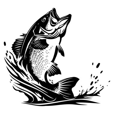 Black and White Illustration of a Leaping Fish with Splashing Water in a Dynamic and Energetic Design for Aquatic Themes