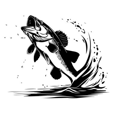 Dynamic Black and White Illustration of a Leaping Fish with Splash Water Effects in Minimalist Style