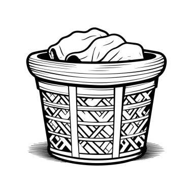 Hand-Drawn Illustration of a Woven Basket with a Cloth Inside for Art and Design Projects