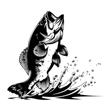 Detailed Black and White Illustration of a Fish Jumping Out of Water with Splashing Waves in a Bold Artistic Style