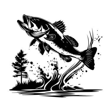 Black and White Illustration of a Jumping Fish with Splash and Surrounding Trees for Outdoor and Nature Themes