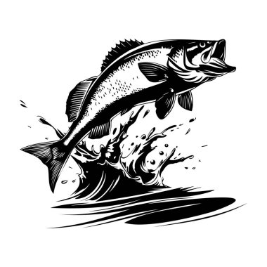Detailed Black and White Illustration of a Leaping Fish Above Water Splash