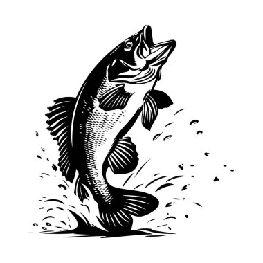 Black and White Illustration of an Energetic Fish Jumping Out of Water in Dynamic Motion with Splash Effects