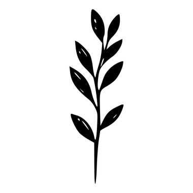 Simple Silhouette of a Leafy Stem with Multiple Leaves in Black Color on White Background for Nature Illustrations and Designs