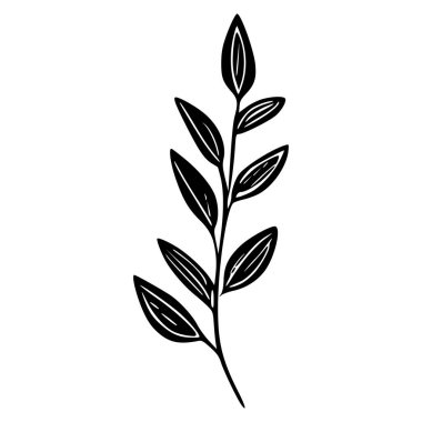 Elegant Black and White Illustration of a Stylized Leafy Branch on a Clean Background for Botanical Design Projects