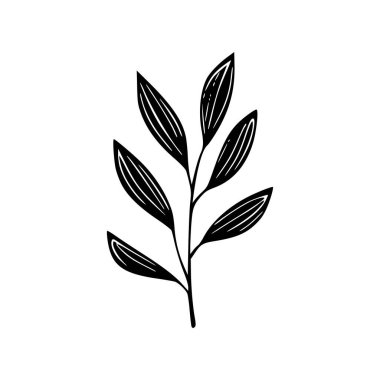 Elegant Minimalistic Illustration of a Black Leafy Stem with Stylized Leaf Shapes for Nature Inspired Designs