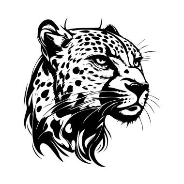 Powerful and Majestic Leopard Head Illustration with Detailed Fur and Intense Expression in Black and White Design Style