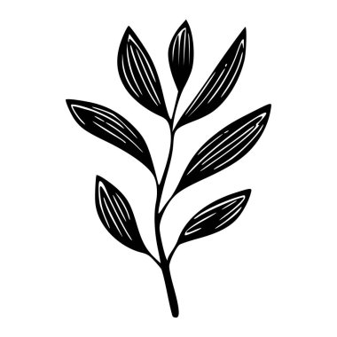 Black and White Artistic Illustration of Delicate Leafy Branch with Fine Details and Unique Shape for Nature and Botanical Themes