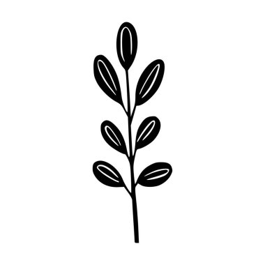 Elegant Minimalist Illustration of a Stylized Leafy Branch with Simple Design Elements in Black and White Color Scheme