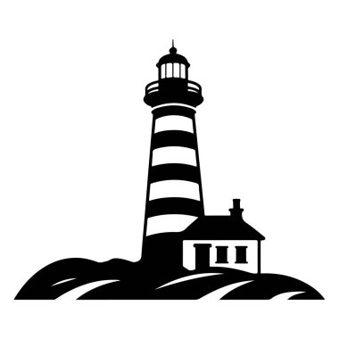 Striped Lighthouse Silhouette with Rocky Base and House Under Clear Sky for Coastal and Nautical Themed Designs