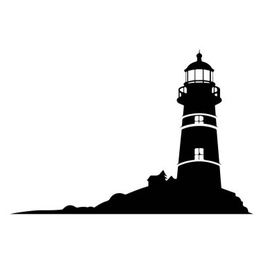 Elegant silhouette of a lighthouse on a rocky shore during sunset, conveying navigation, safety, and coastal beauty in a tranquil landscape