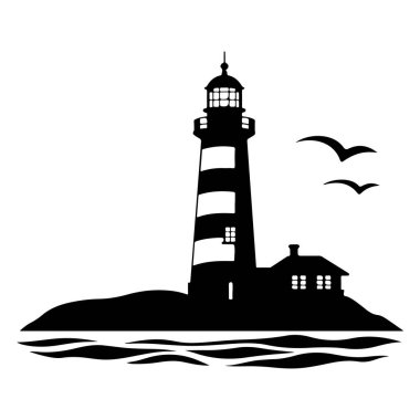 Black silhouette of a lighthouse with waves and seagulls against a white background, representing coastal beauty and maritime themes