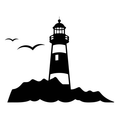 Black silhouette of a lighthouse standing on rocky shore with waves crashing, surrounded by seagulls flying in a clear sky at dusk or dawn