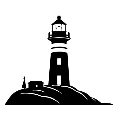 Black silhouette of a lighthouse with a small house and tree on a rocky shore against a white background, symbolizing guidance and safety at sea