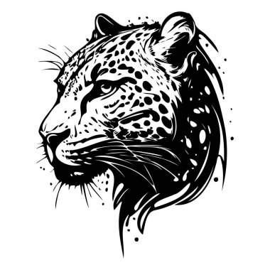 Intricate Black and White Illustration of a Fierce Leopard Head with Detailed Patterns and Bold Artistic Style