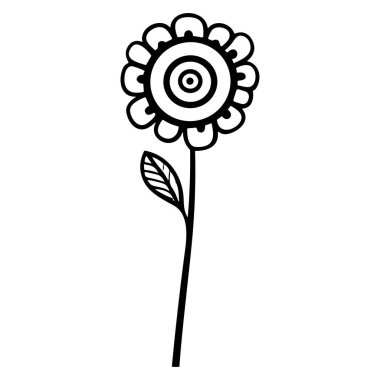 Simple Black and White Illustration of a Single Flower with Circular Petals and a Long Stem for Minimalist Design Projects
