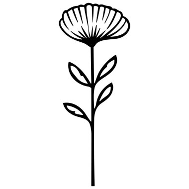 Elegant Minimalist Black Line Drawing of a Flower with Leaves on a Stem for Creative Projects and Decorations