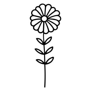 Black and White Illustration of a Simple Flower with Petals and Leaves Ideal for Minimalistic Designs and Nature-Themed Projects