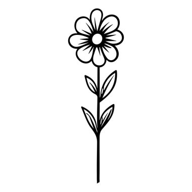 Hand-drawn black and white flower illustration featuring simple petals, slender stem, and green leaves perfect for decorative or artistic use