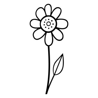 Hand-drawn outline of a simple flower with petals and a leaf, perfect for decoration, education, or creative design use in various projects