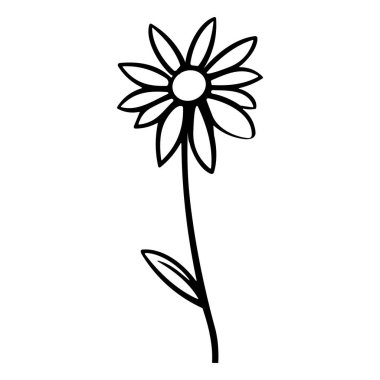 Simple Black and White Illustration of a Flower with Petals and Leaves on a Stem for Graphic Design and Creative Projects