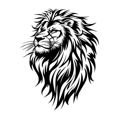 Detailed Illustration of a Majestic Lion with Flowing Mane in Black and White Graphic Style