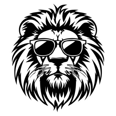 Stylish Lion with Sunglasses Illustrating Coolness and Confidence in Bold Black and White Design for Creative Projects