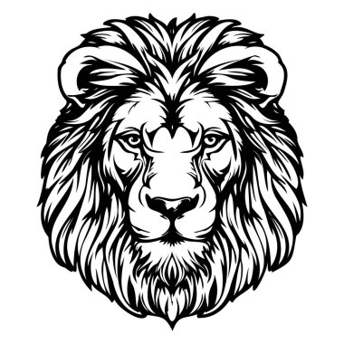 Intricate Black and White Lion Head Illustration with Detailed Fur and Intense Expression for Artistic and Wildlife Projects