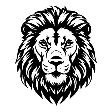 Detailed black and white lion head illustration with intricate fur patterns and expressive facial features for artistic and creative projects