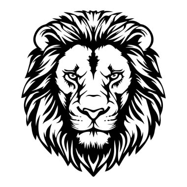 Majestic Lion Head Illustration with Detailed Fur and Intense Expression in Black and White for Bold Graphic Designs or Artwork Projects