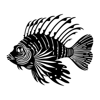 Intricate Black and White Illustration of a Lionfish with Detailed Fin Patterns and Sharp Features