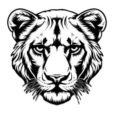 Artistic Black and White Lion Head Illustration Featuring Detailed Fur and Intense Expression for Bold Graphic Designs